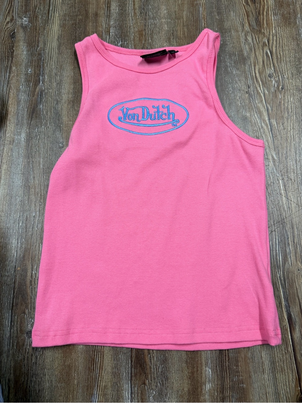 Pink Von Dutch tank top with blue logo, size M